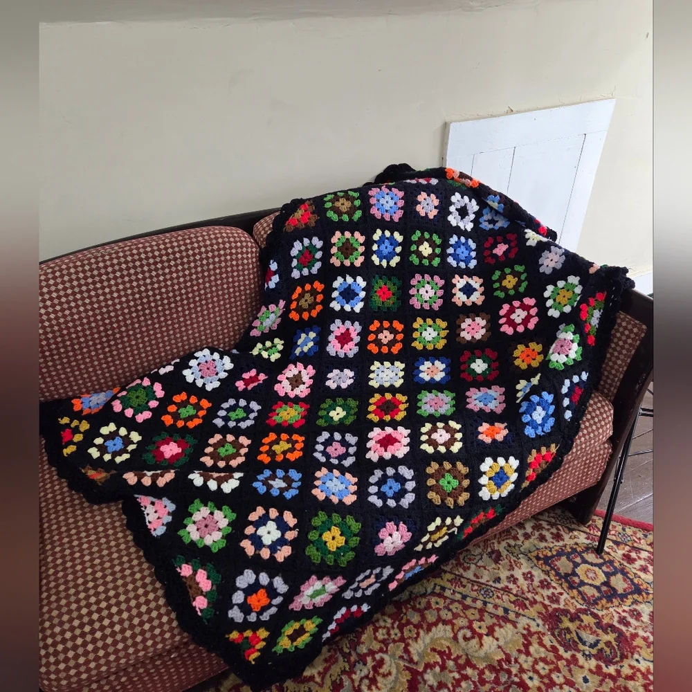 Handmade Crochet Granny Square Blanket Afghan Black Multicolor Boho 41x68